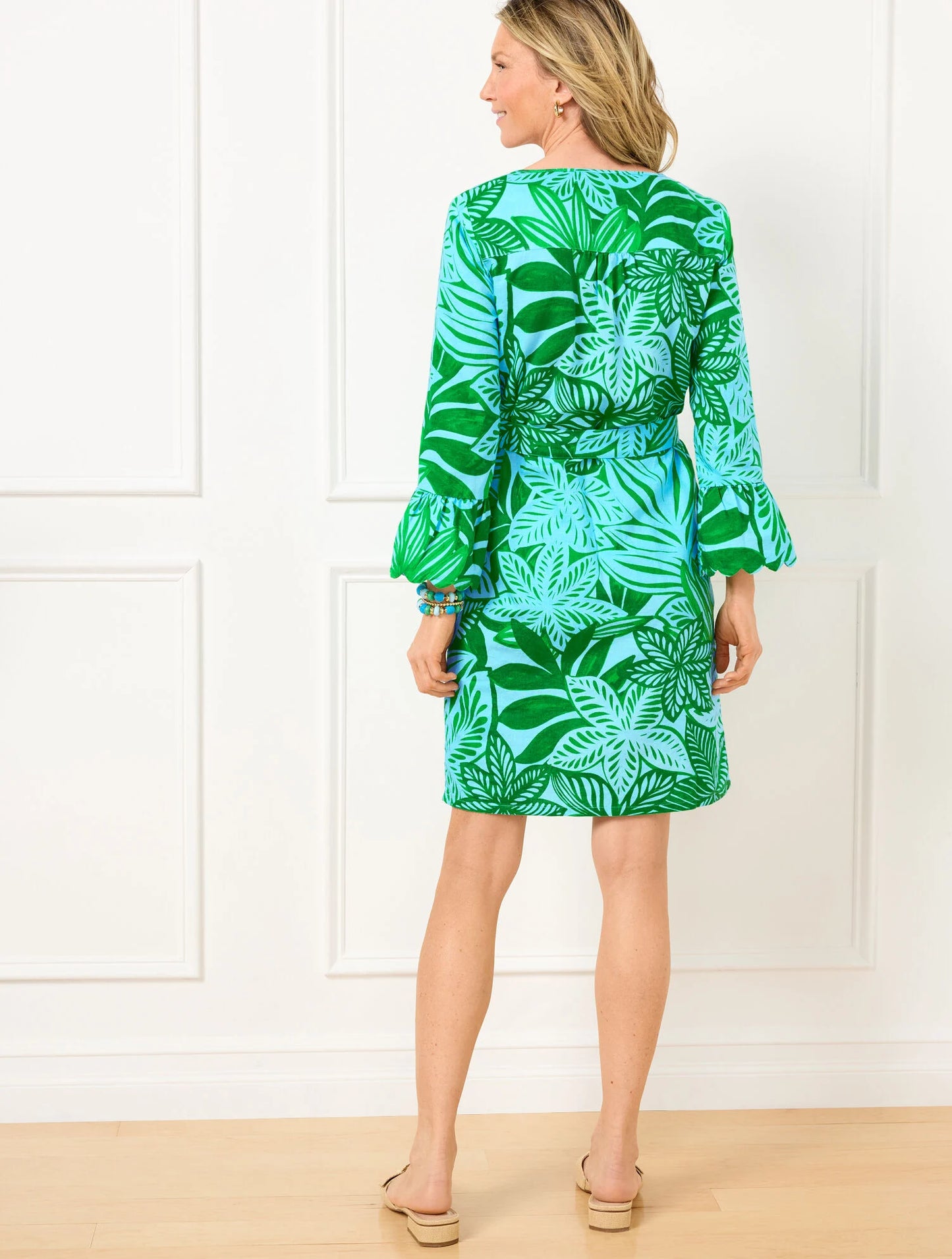 Ruffle Cuff Belted Linen Blend Dress - Watercolor Botanical