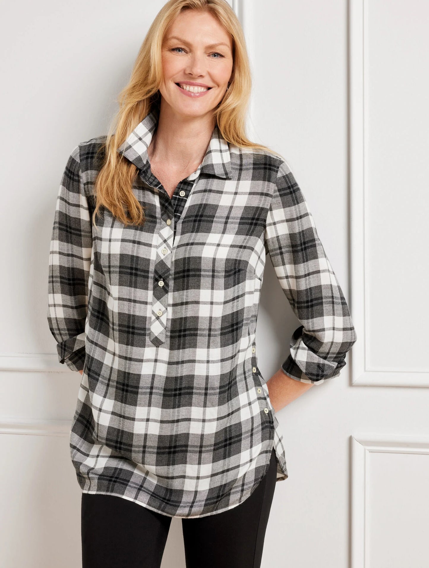 Button Detail Tunic - Gifting Plaid