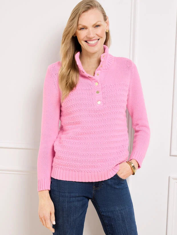 Texture Stitch Snap Mockneck Sweater