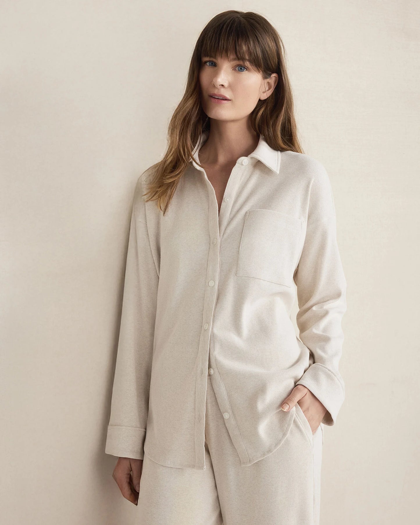 Organic Cotton Rib Knit Relaxed Button Down Top