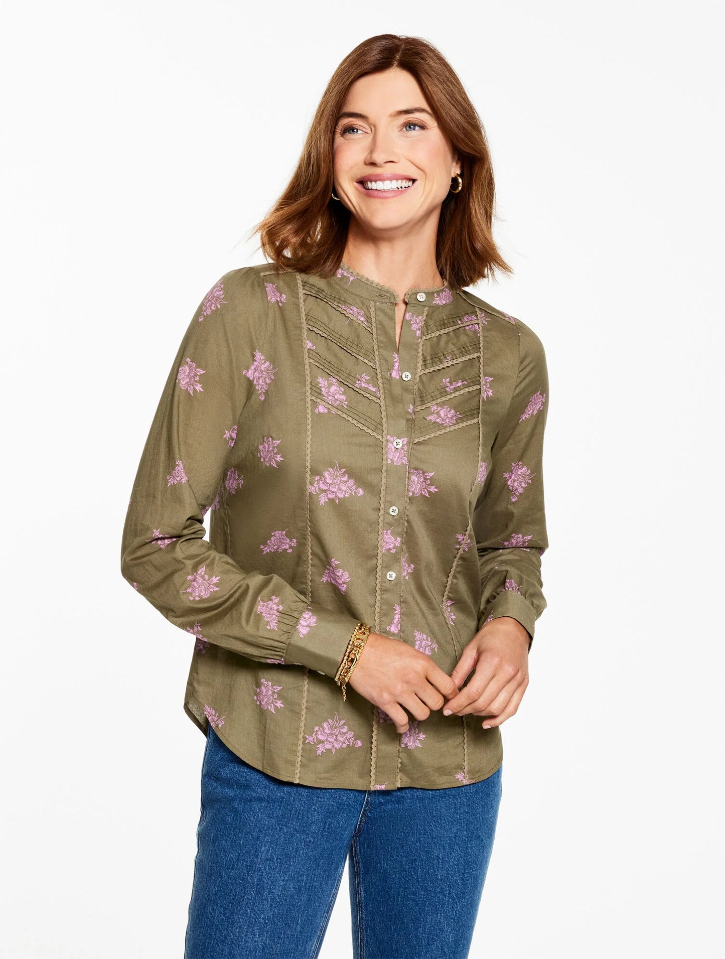 Lace Trim Shirt - Floral Clusters