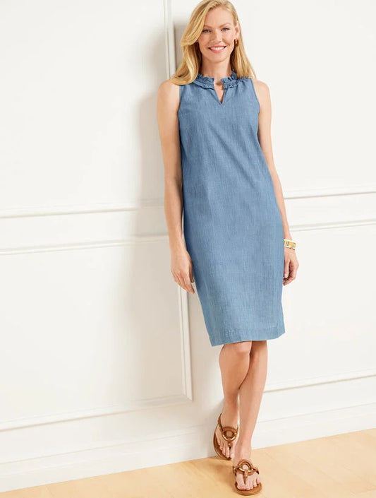 Ruffle Neck Denim Shift Dress