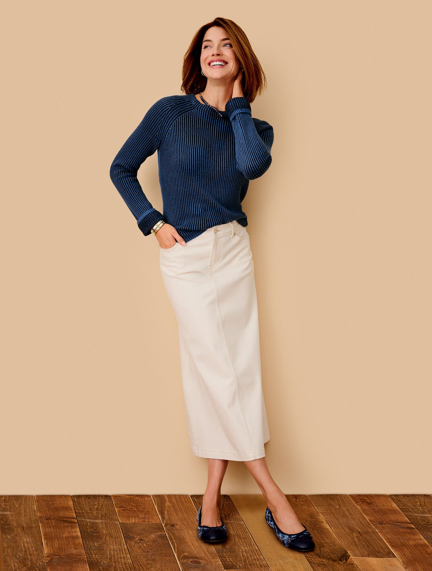 Denim Midi Skirt - Light Ecru