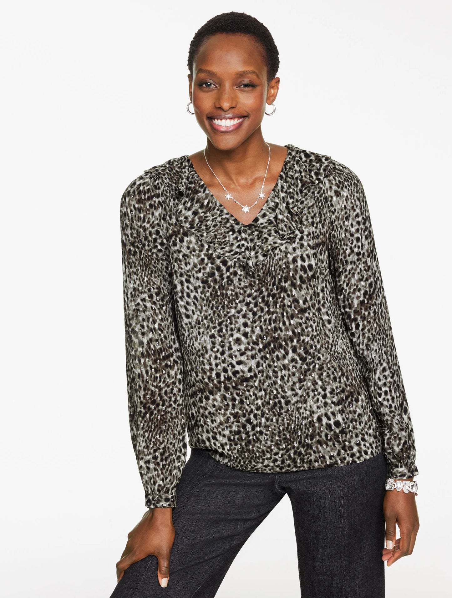 Metallic V-Neck Top - Swirly Leopard