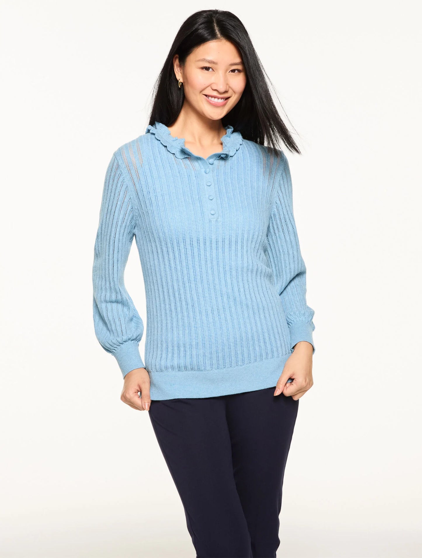 Ruffle Neck Henley Pullover