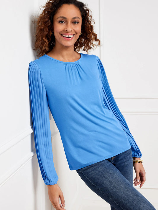 Pleated Sleeve Crewneck Top