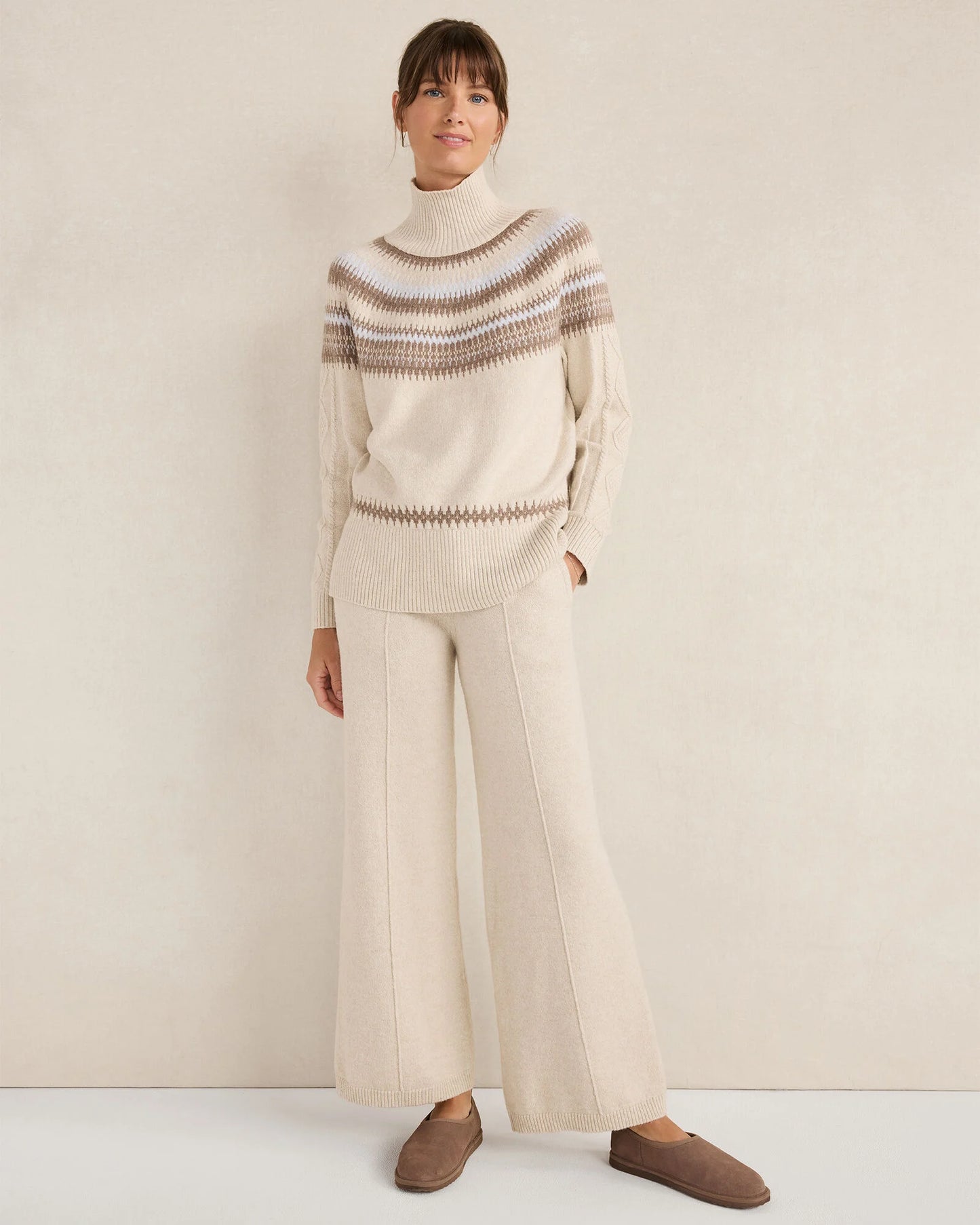 Organic Cotton Blend Fair Isle Cable Mockneck Sweater