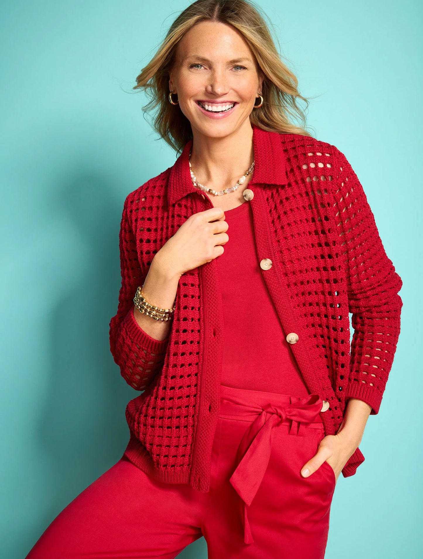 Open Stitch Polo Cardigan