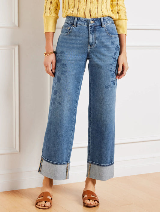 Wide Straight Ankle Embroidered Cuff Jeans - Botanica Wash