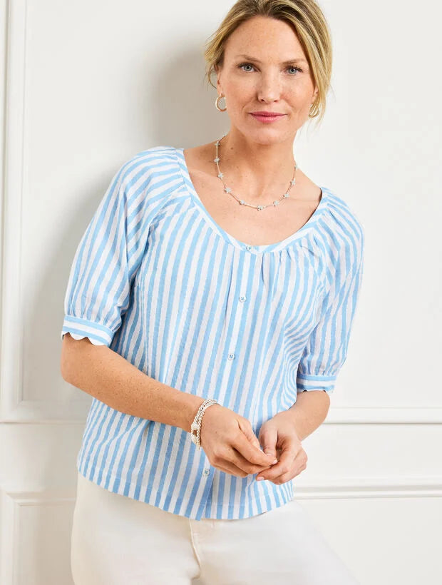Metallic Button Front Top - Delightful Stripe
