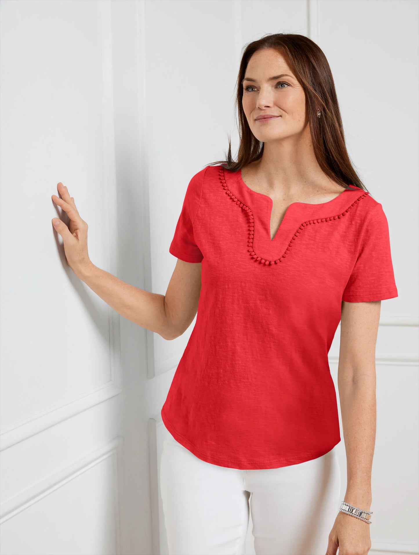 Dot Trim Split Neck Tee