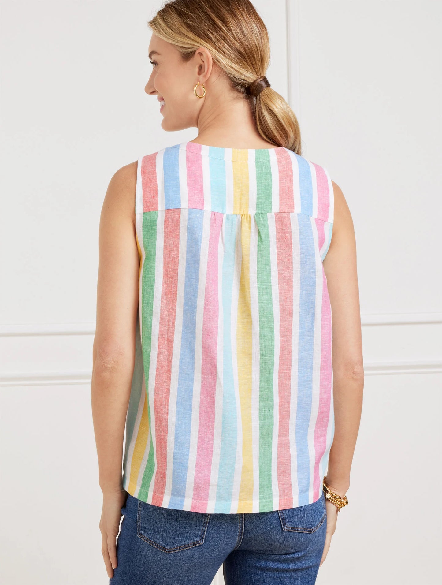 Linen Band Collar Shell - Prismatic Stripe