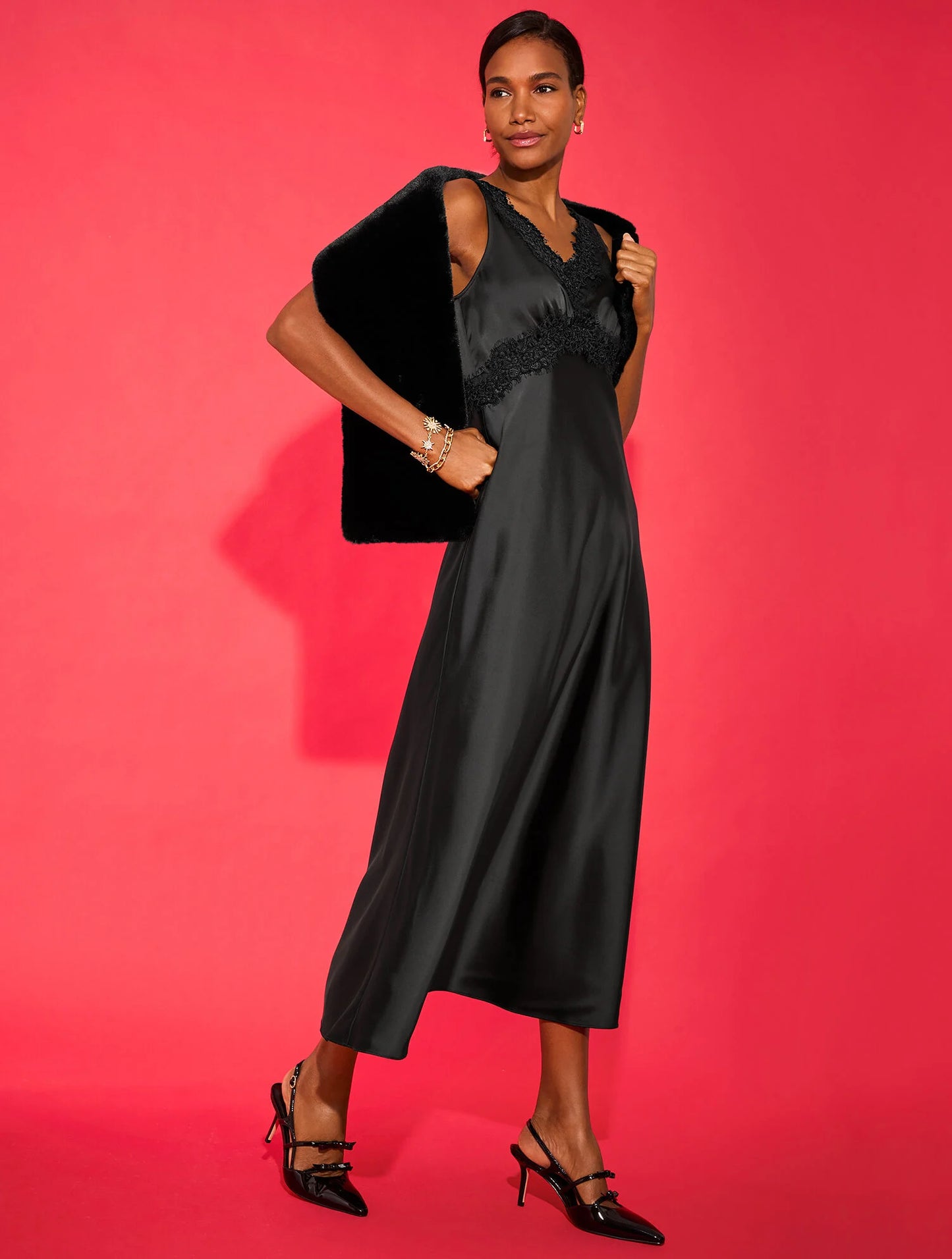 Lace Trim Satin Midi Dress