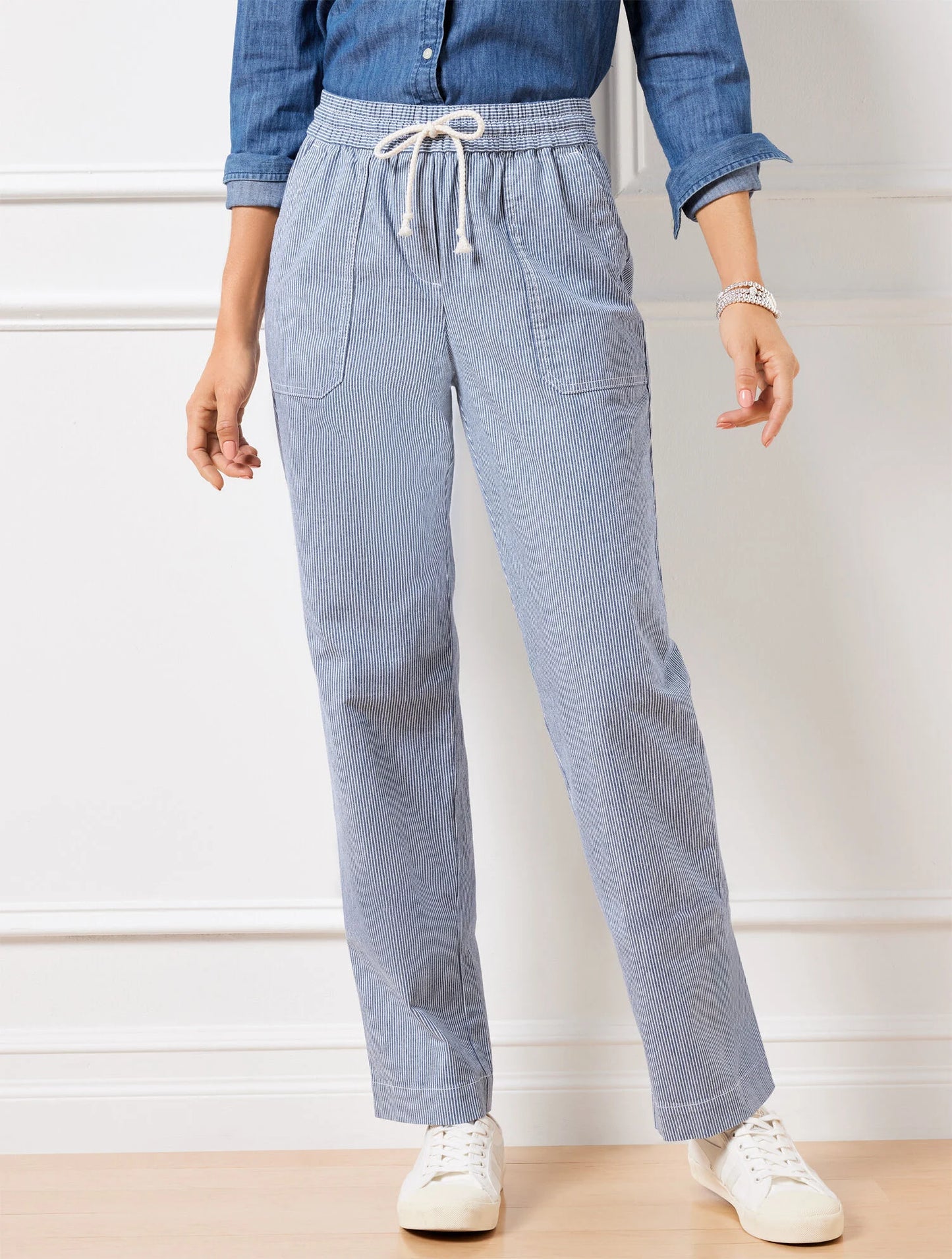 Straight Leg Drawstring Pants - Railroad Stripe