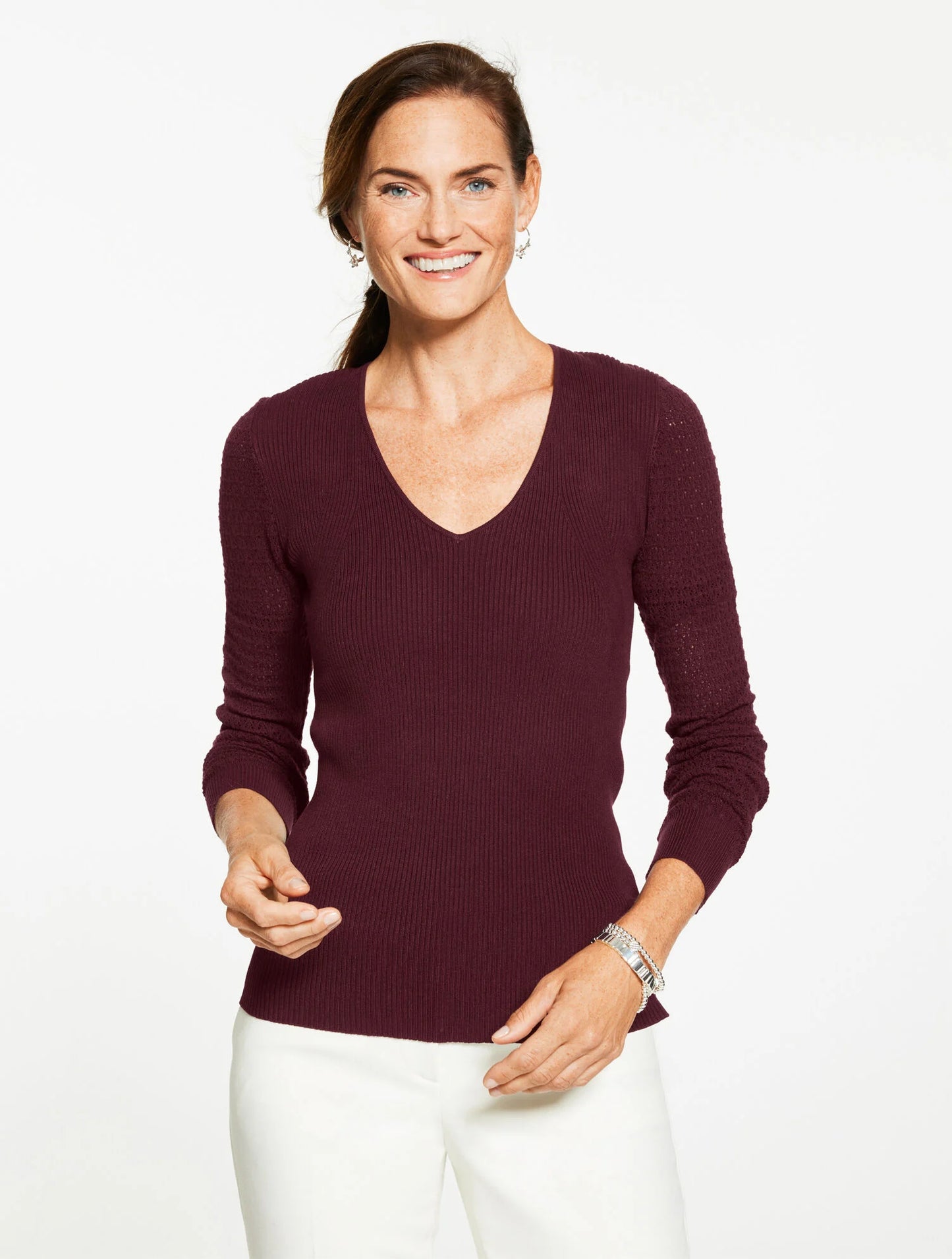 Pointelle Stitch V-Neck Sweater