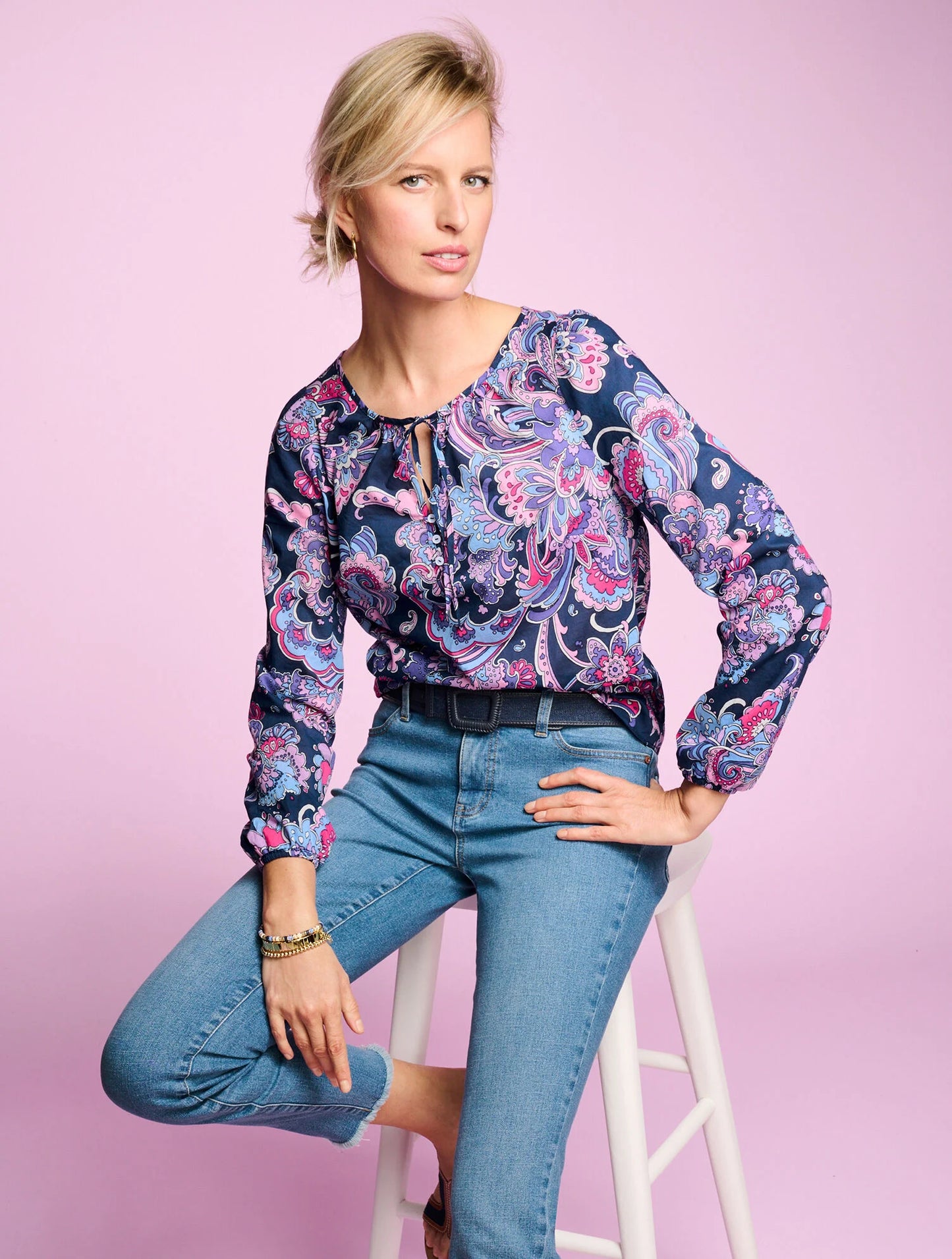Gathered Tie Neck Top - Swirl Floral