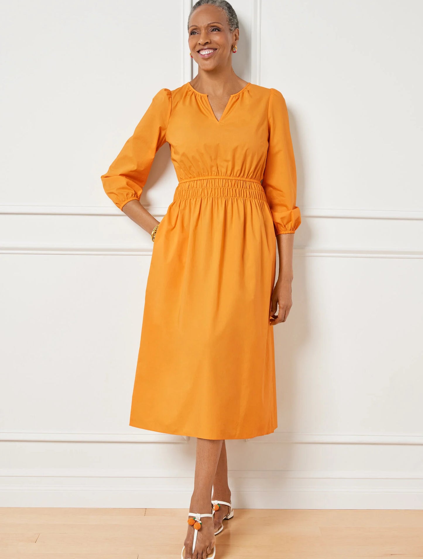 Smocked Poplin Midi Dress