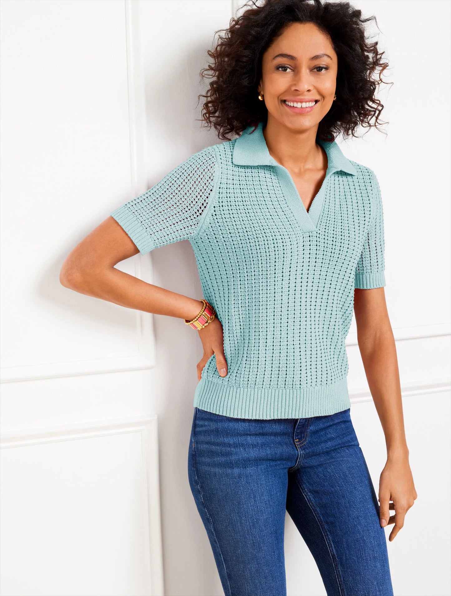 Pointelle Stitch Polo Sweater