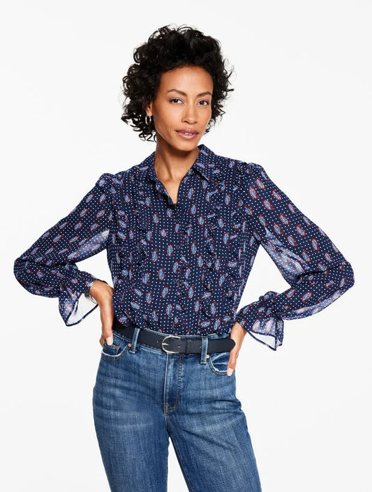 Ruffle Neck Top - Ditsy Paisley