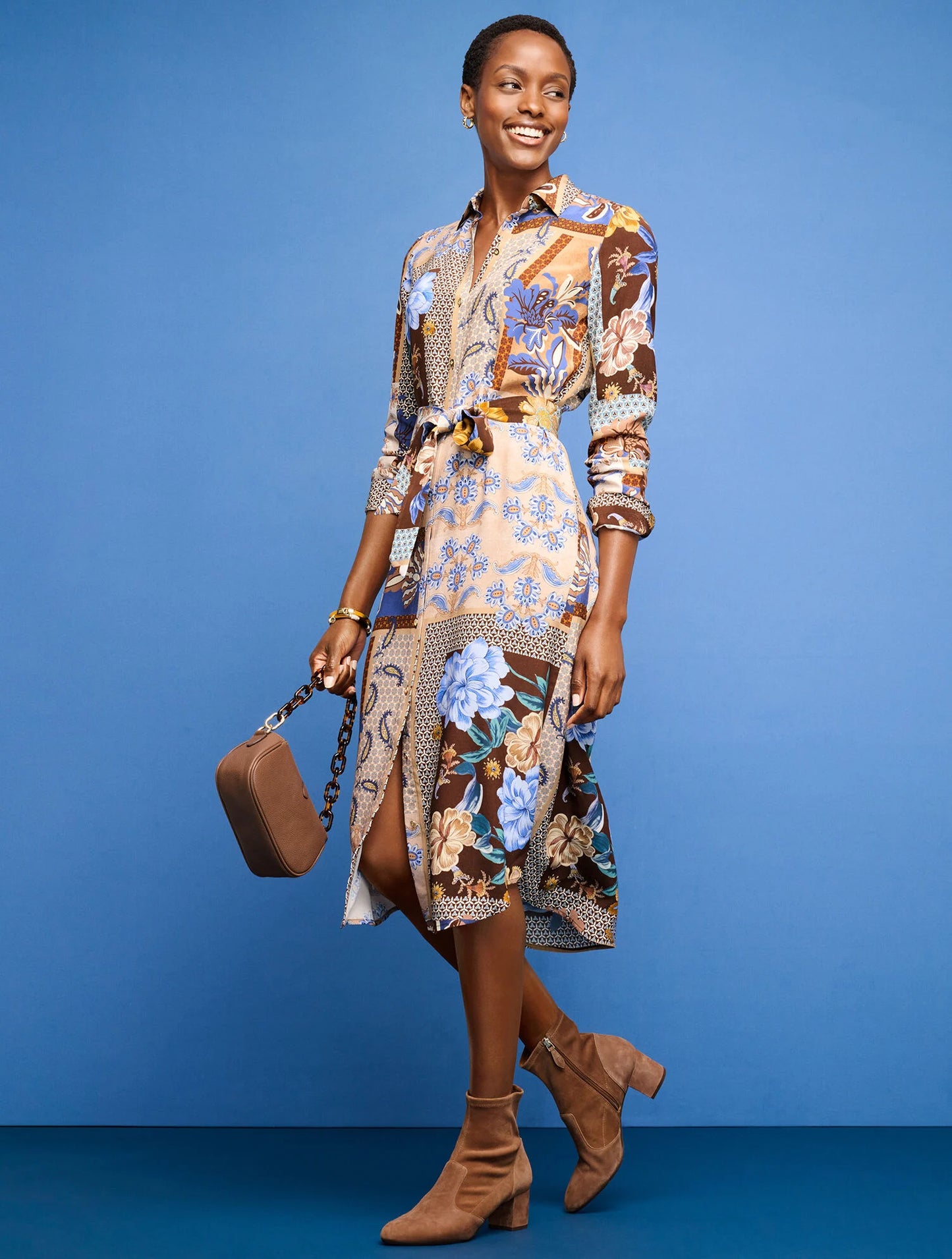 Tie Waist Shirtdress - Floral Geo Patchwork