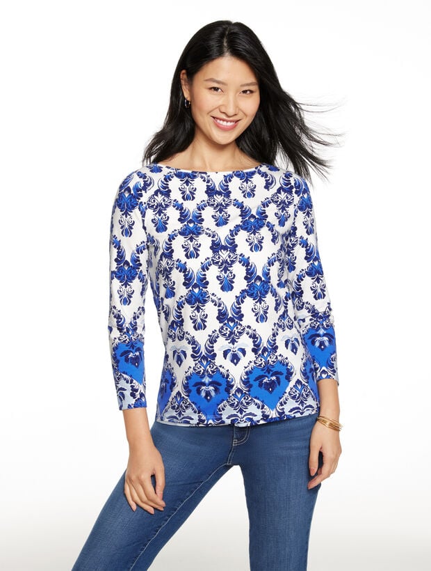 Bateau Neck Tee - Watercolor Damask