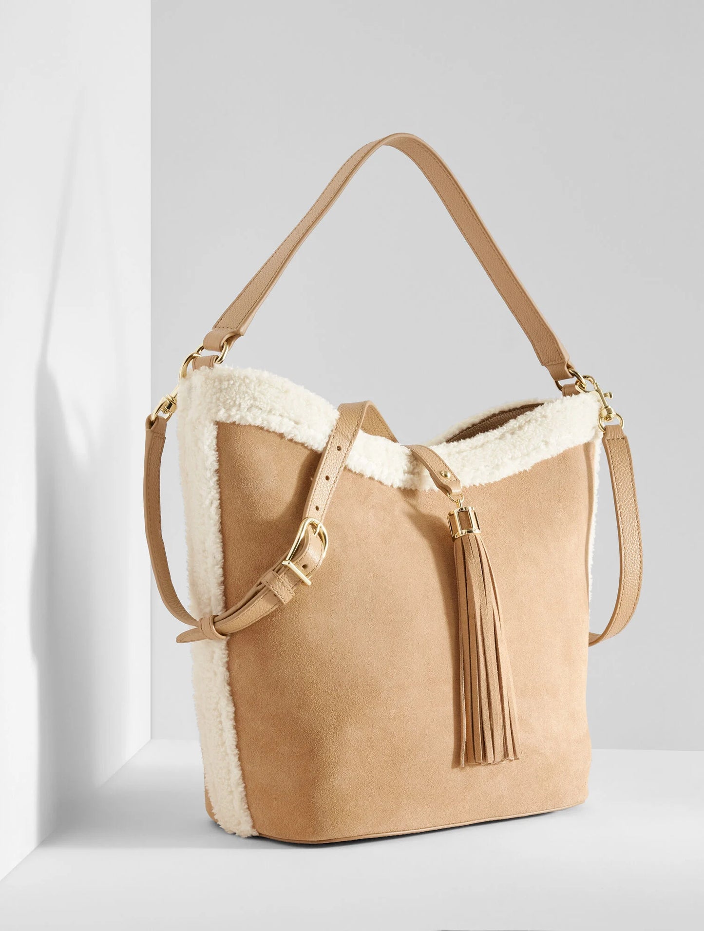 Faux Shearling Suede Bucket Bag