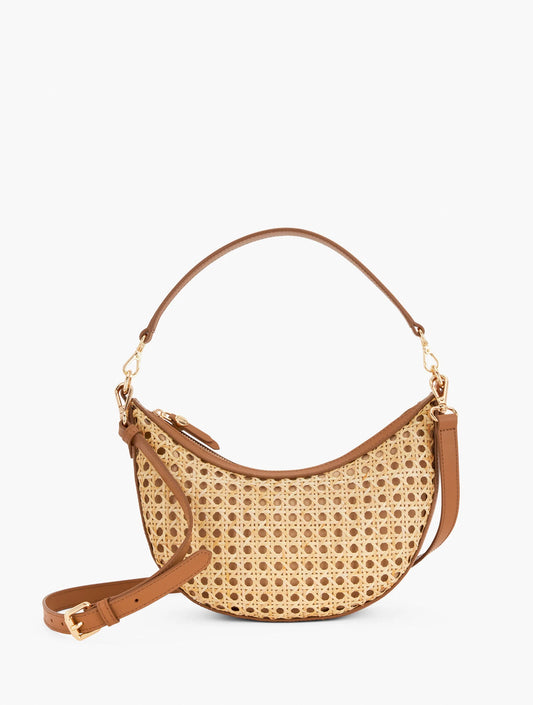 Leather Trim Rattan Crescent Shoulder Bag