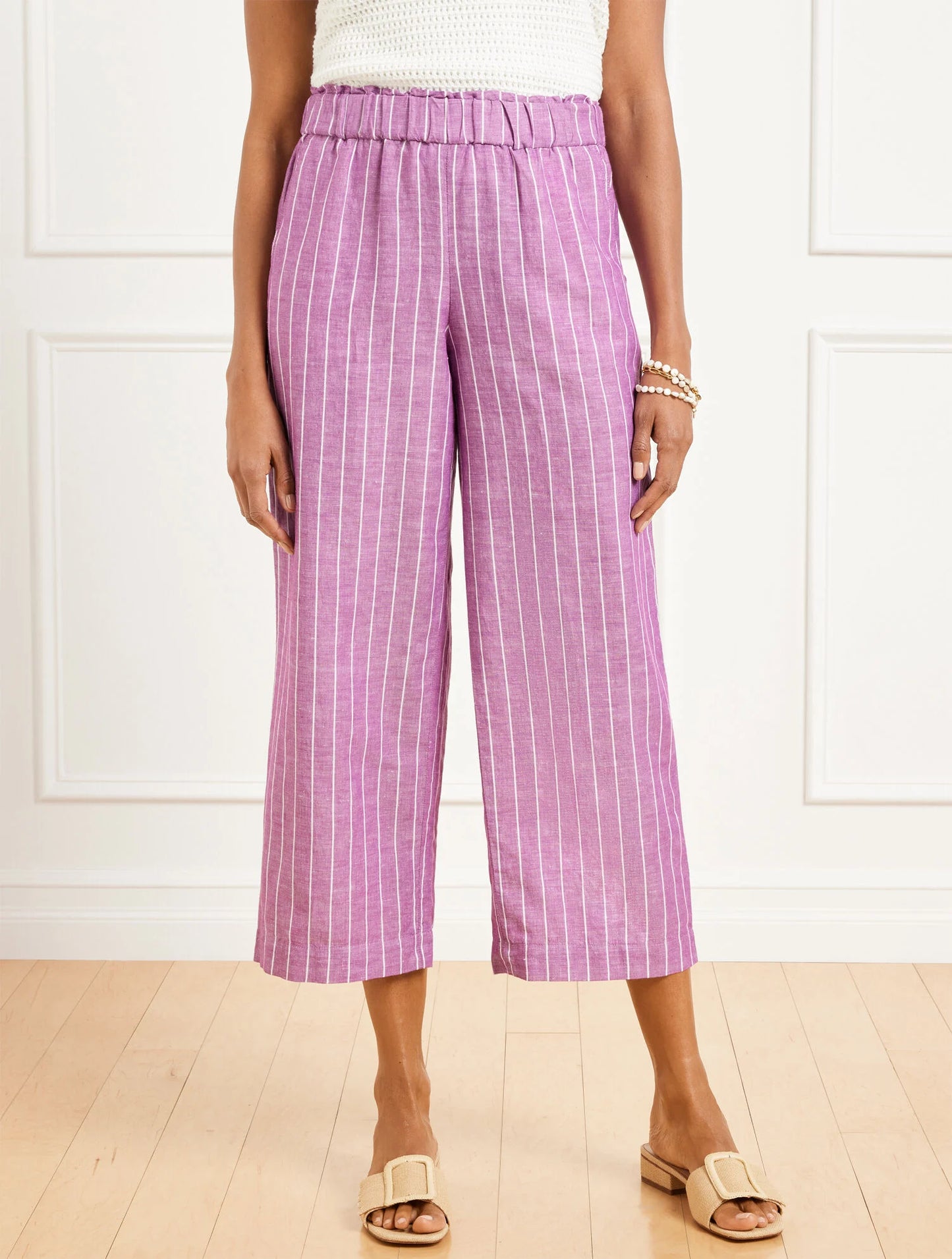 Wide Crop Washed Linen Pull-On Pants - Riviera Stripe