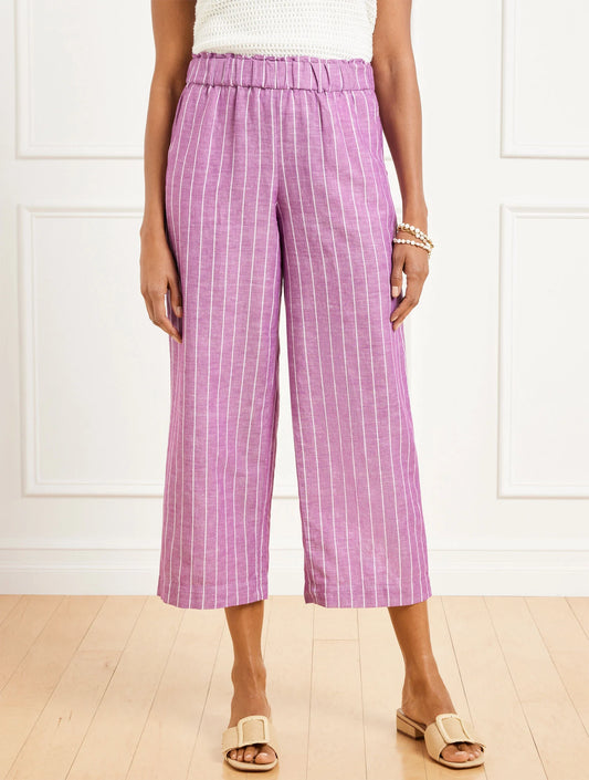 Wide Crop Washed Linen Pull-On Pants - Riviera Stripe