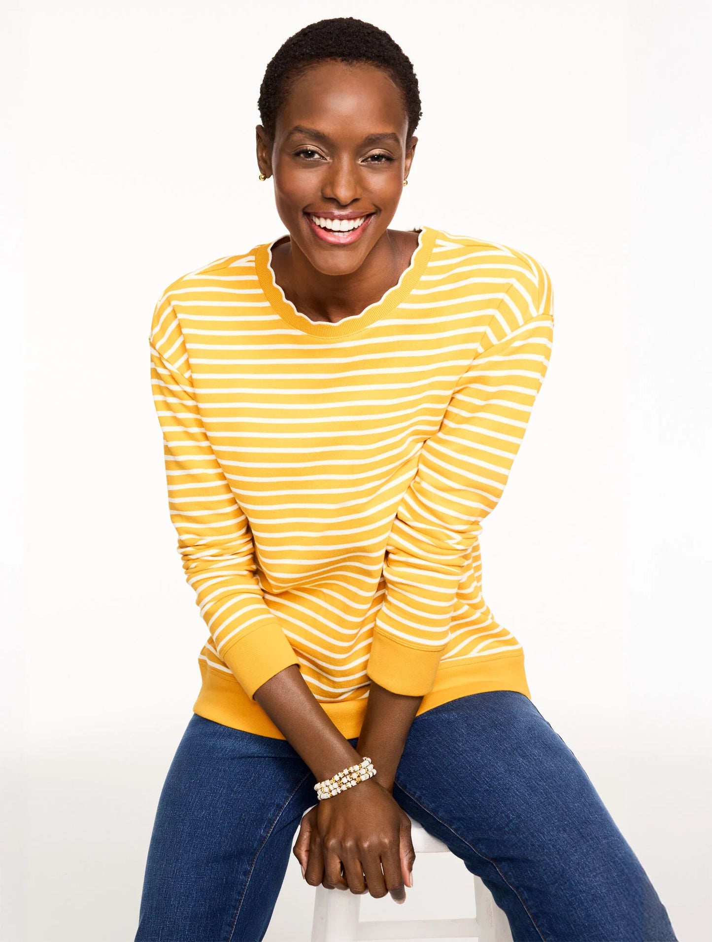 Scalloped Trim French Terry Sweatshirt - Mayfair Stripe