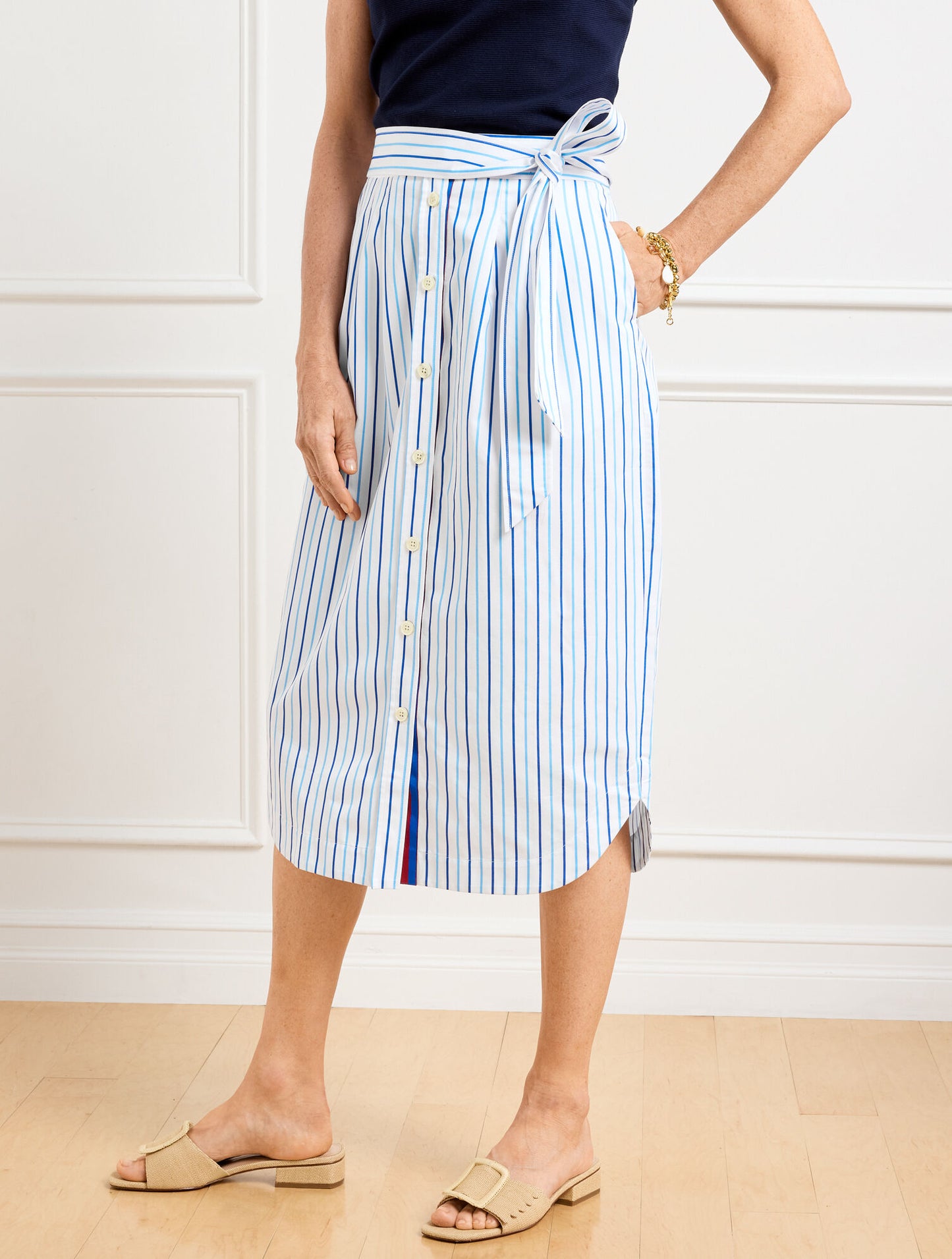 Fresh Poplin Tie Waist Midi Skirt - Veranda Stripe