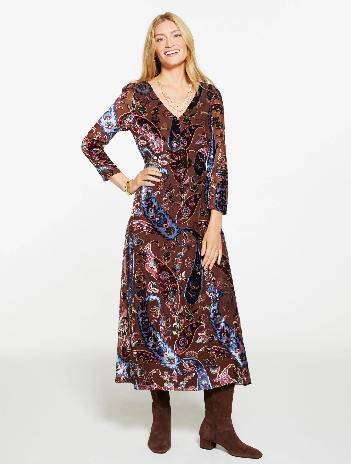 Burnout Velvet Fit & Flare Dress - Floral Paisley
