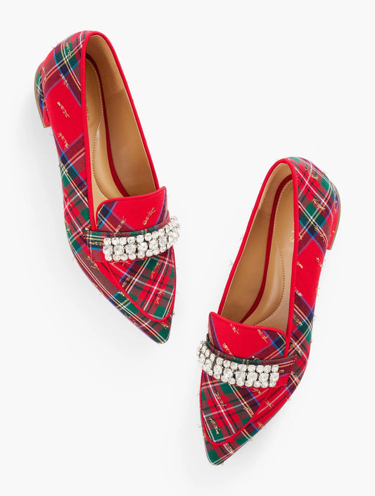 Scarlet Rhinestone Pointed Toe Loafers - Solstice Plaid