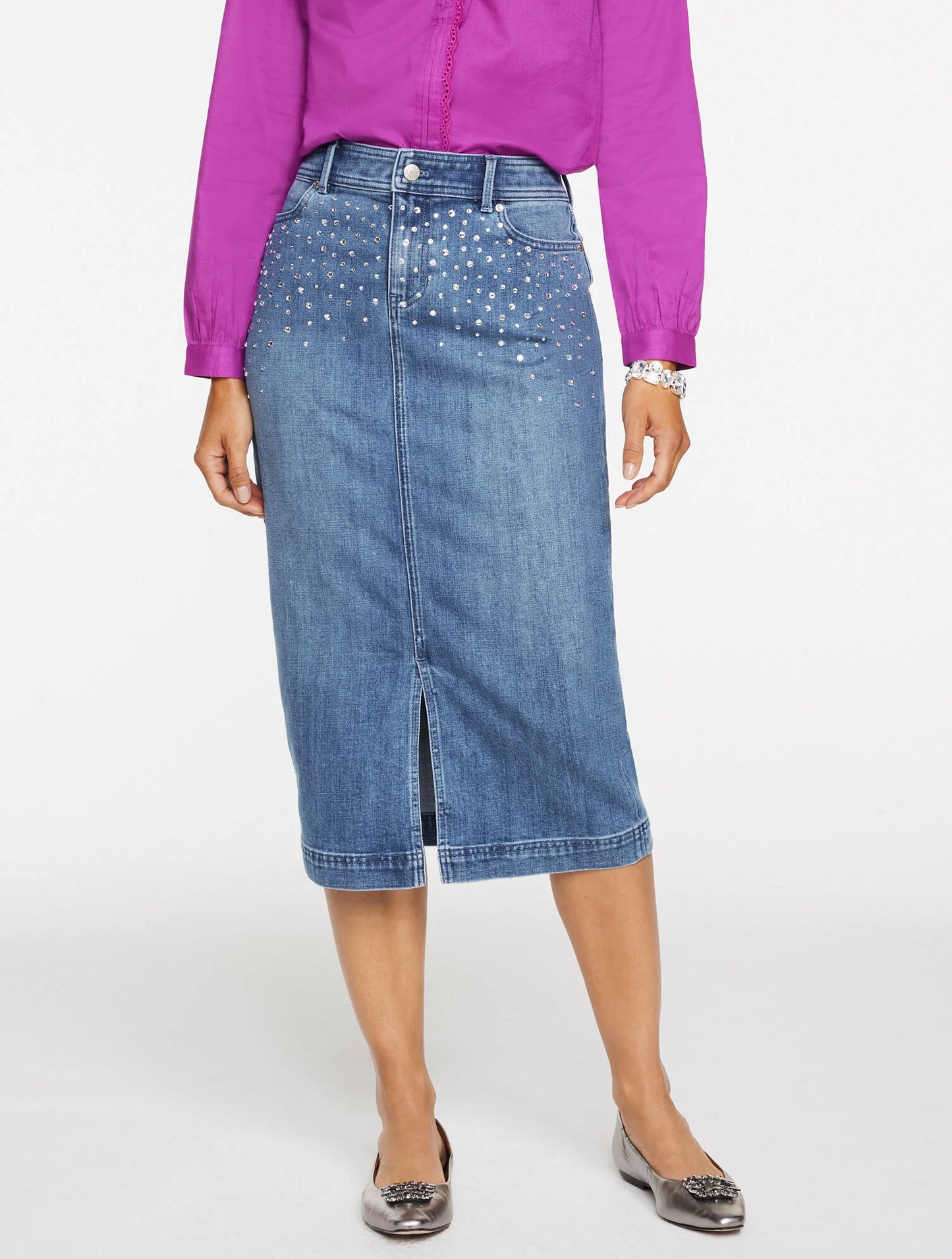 Embellished Denim Midi Skirt