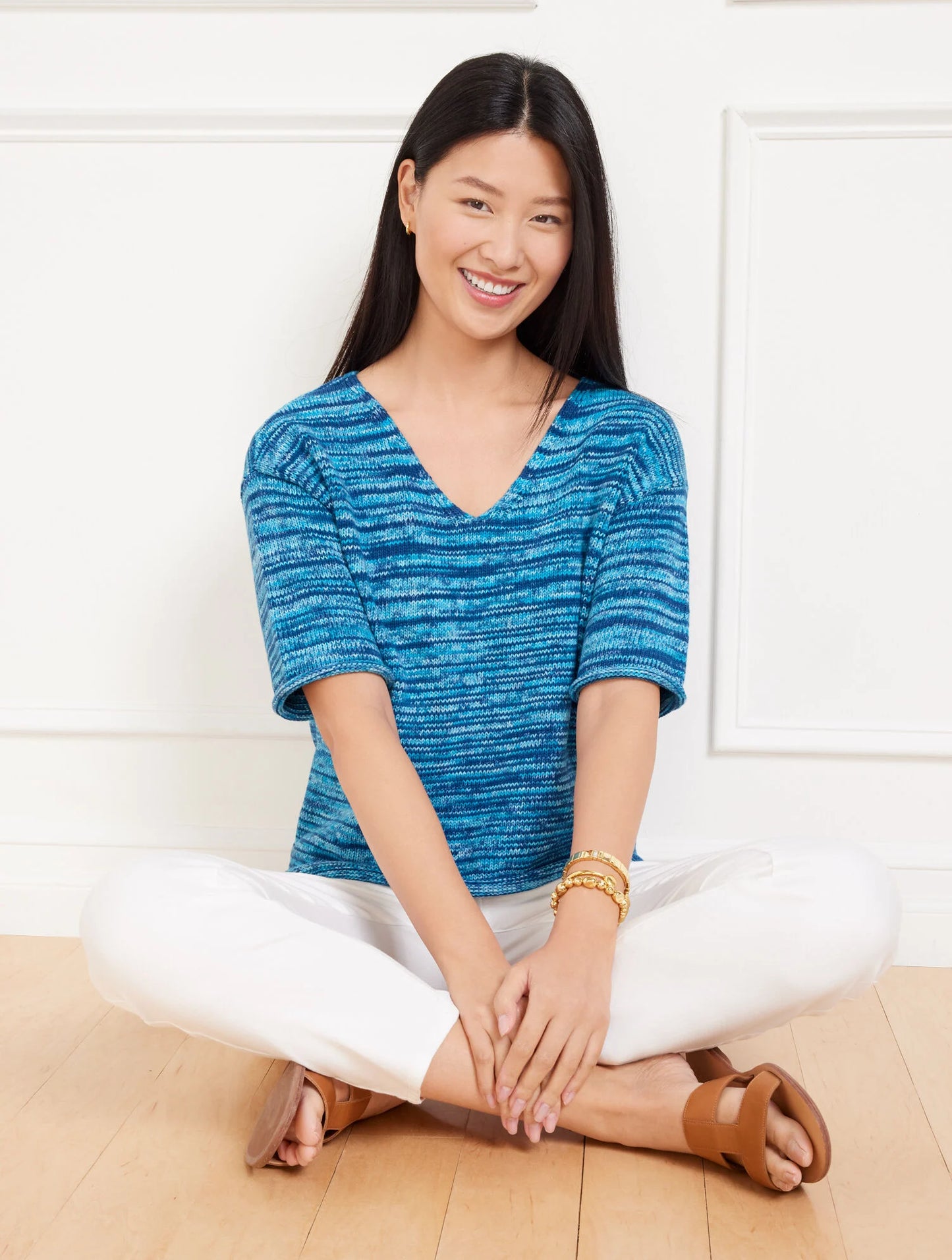 Elbow Sleeve V-Neck Pullover - Space Dye