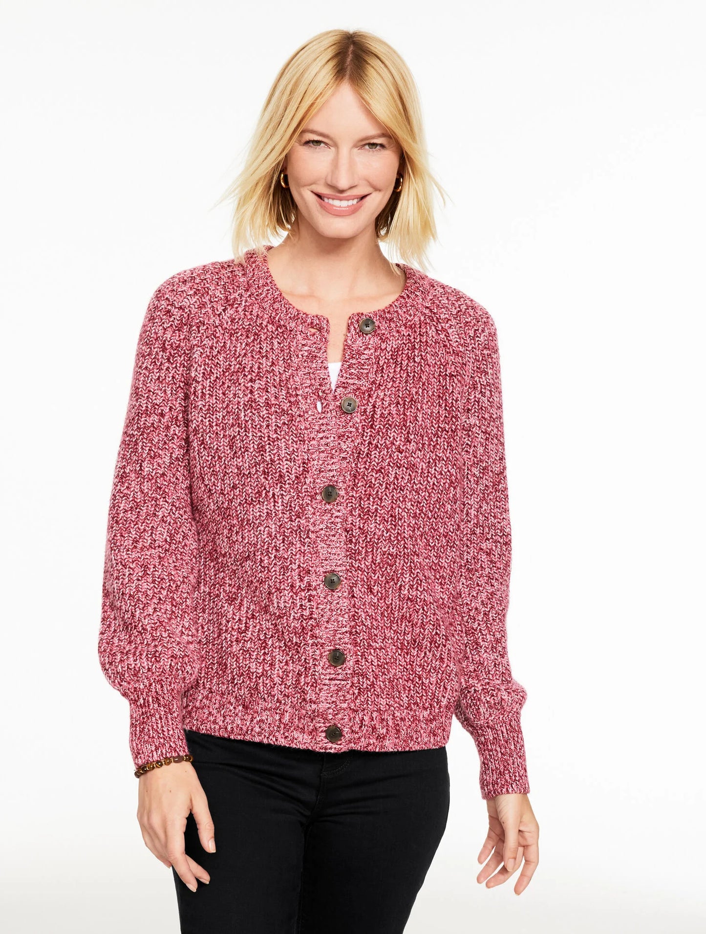 Shaker Stitch Crewneck Cardigan - Marled