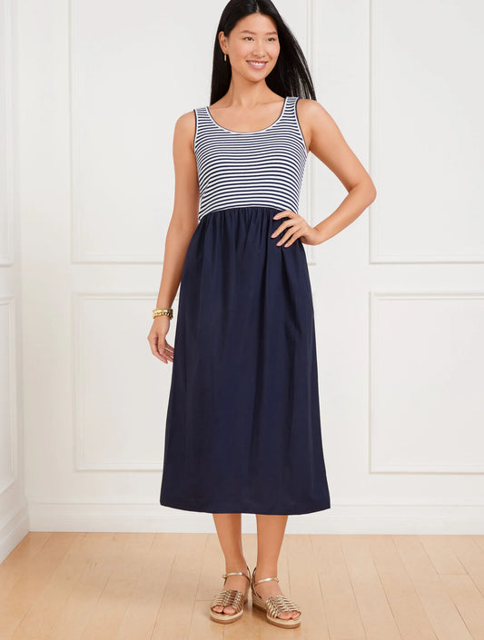 Mixed Media Poplin Midi Dress - Stripe