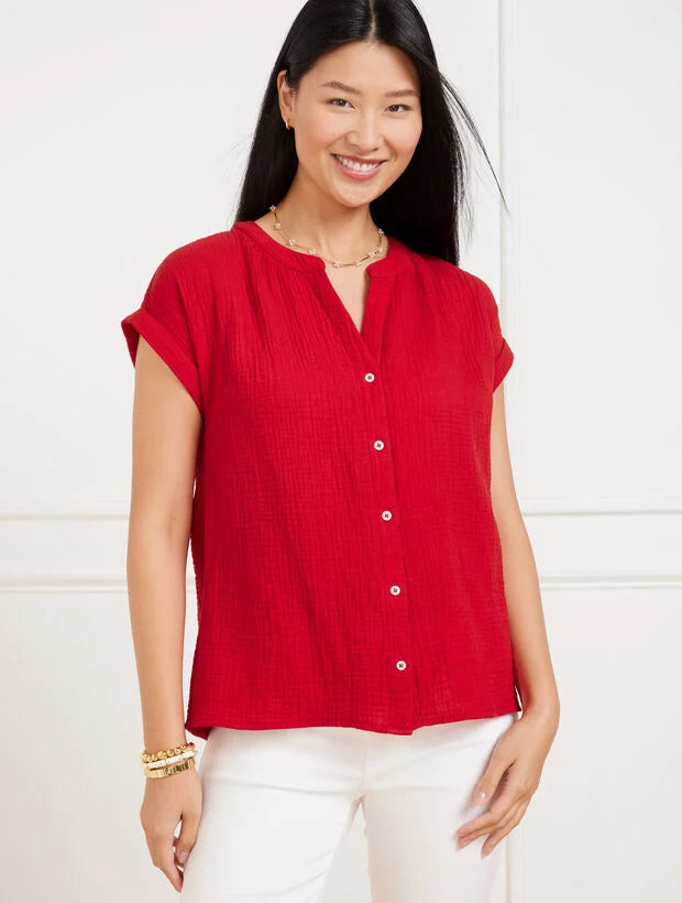 Band Collar Button Front Top