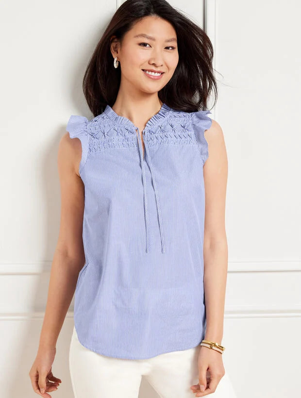 Pleated Poplin Shell - Micro Stripe