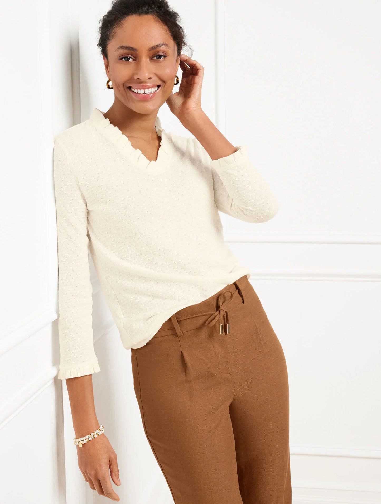 Pointelle V-Neck Pullover