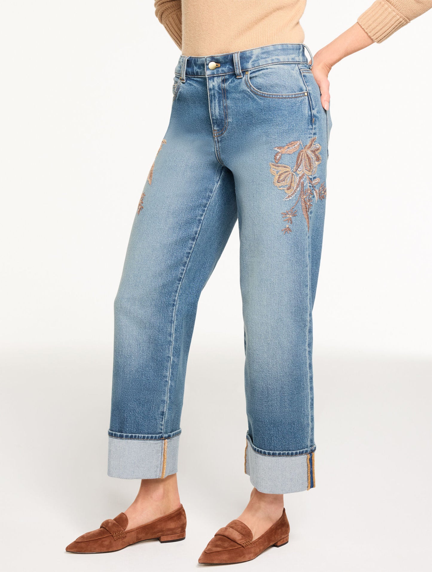 Straight Ankle Cuff Embroidered Jeans - Autumn Wash