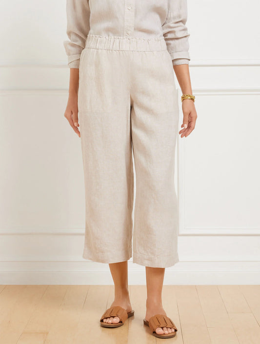 Wide Crop Pull-On Washed Linen Pants - Cross Dyed