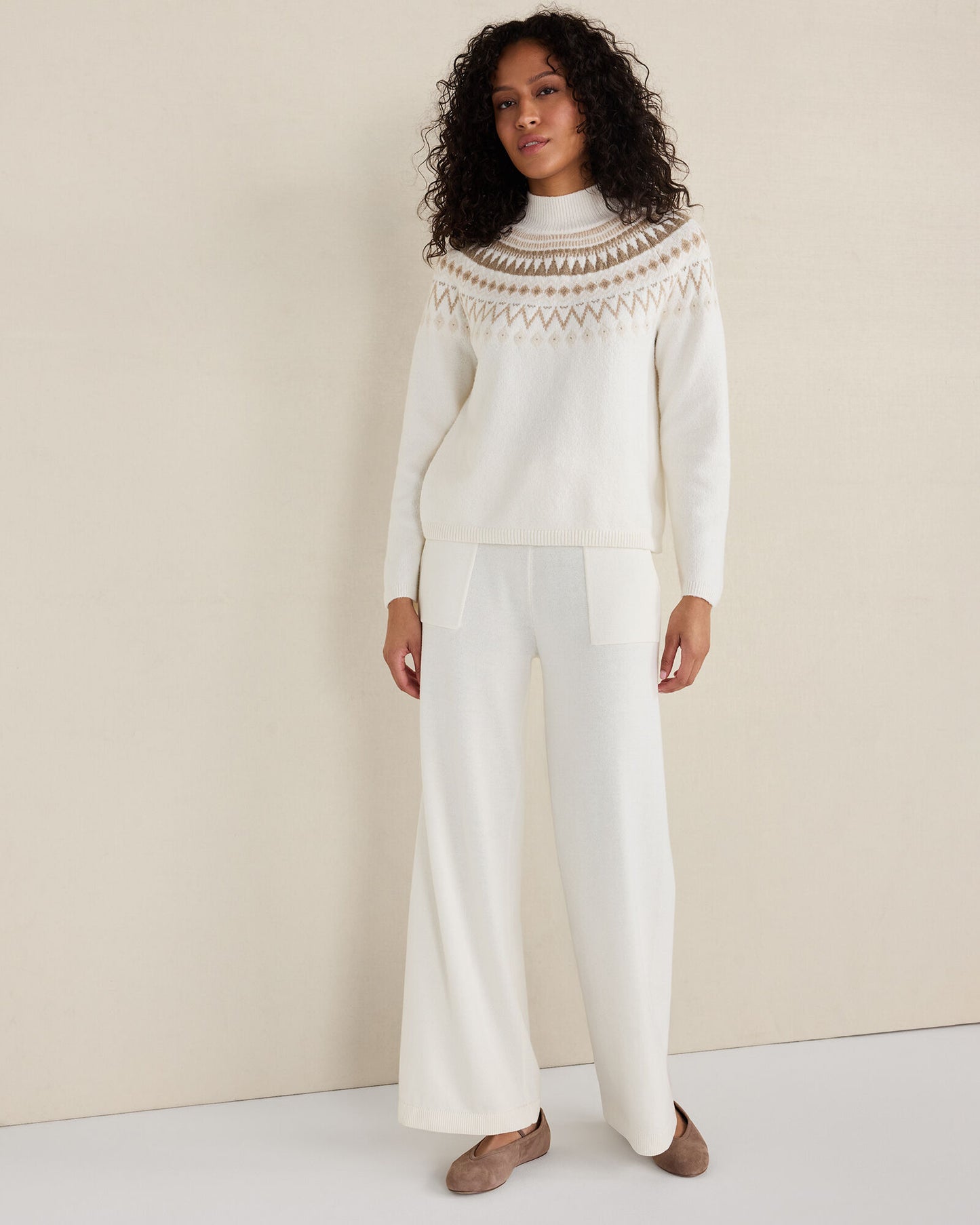 Organic Cotton Blend Fairisle Mock Neck Sweater