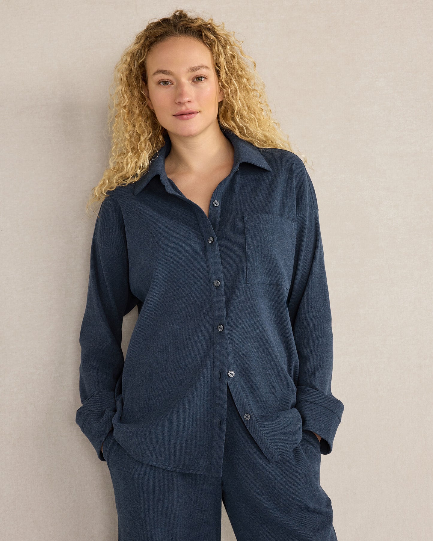 Organic Cotton Rib Knit Relaxed Button Down Top