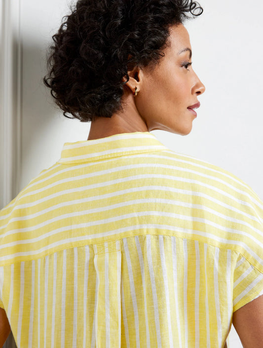 Linen Tie Hem Button Front Top - Seashore Stripe