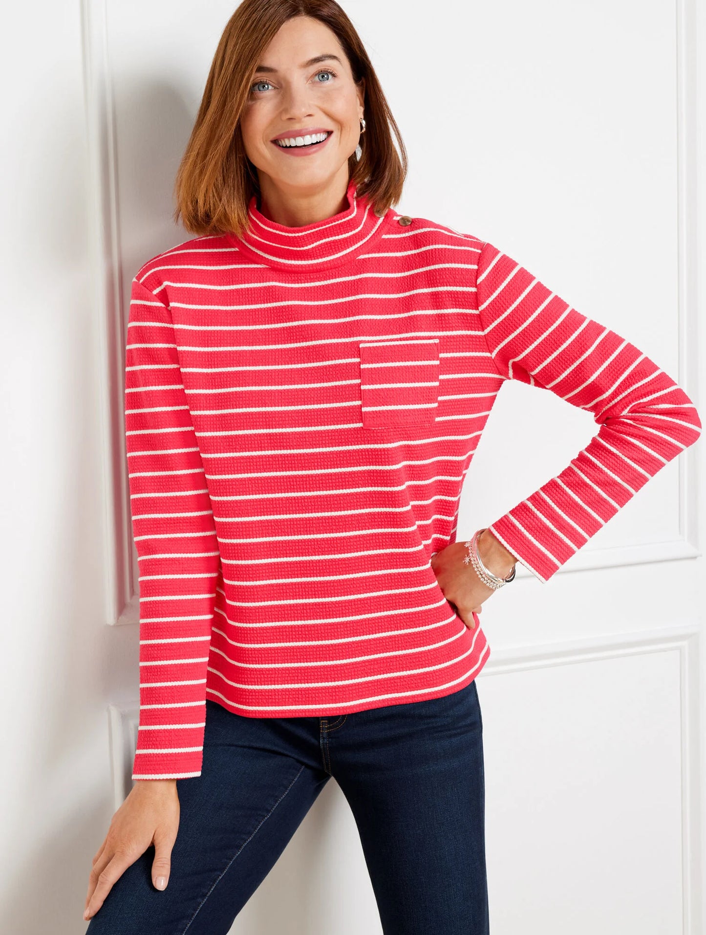 Button Mockneck Pullover - Marin Stripe