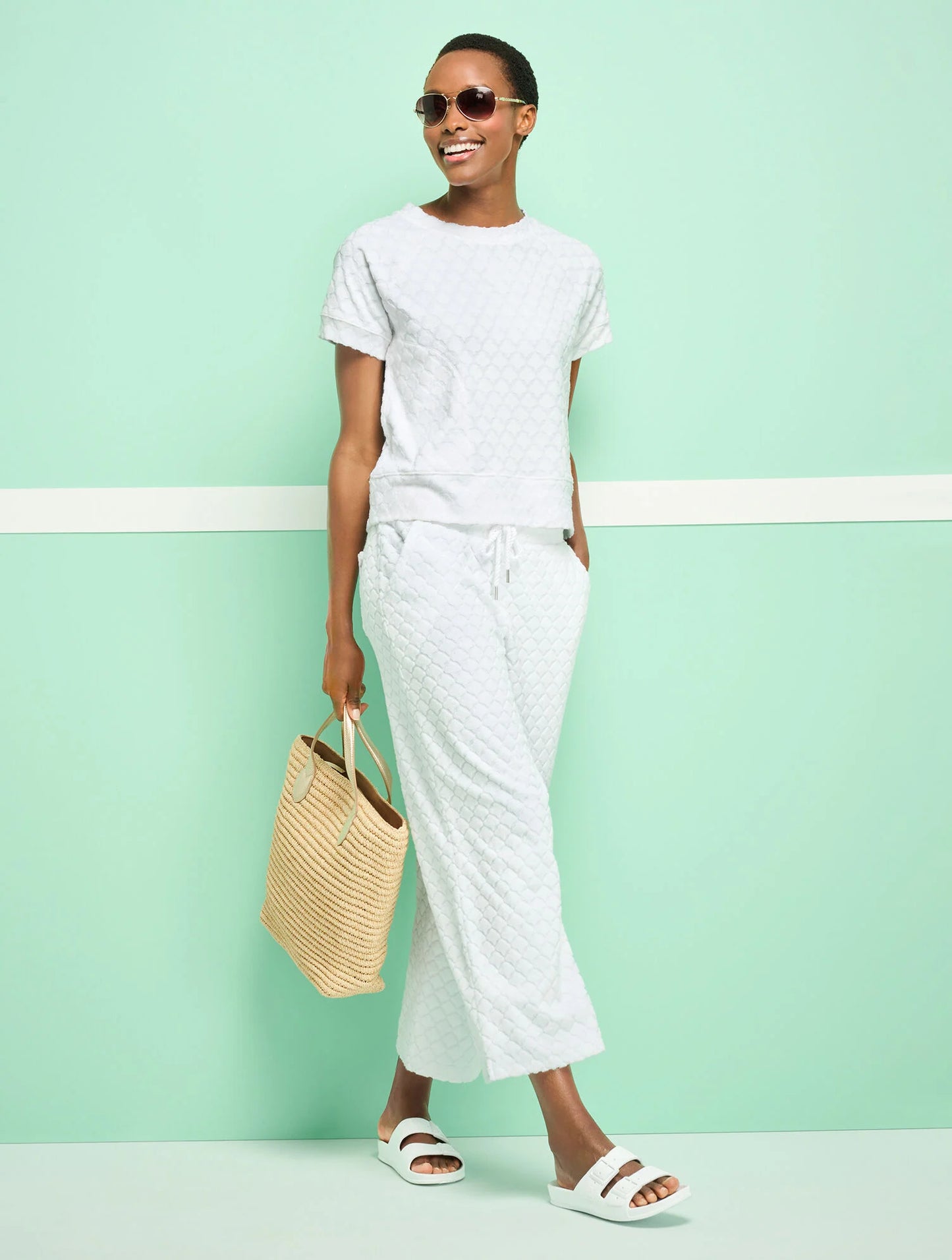 Wide Leg Towel Terry Pants - Seashell