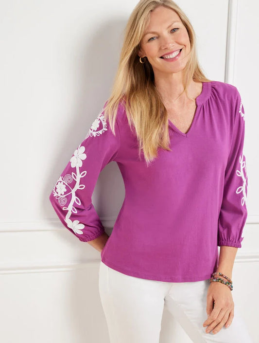 Embroidered Split Neck Tee