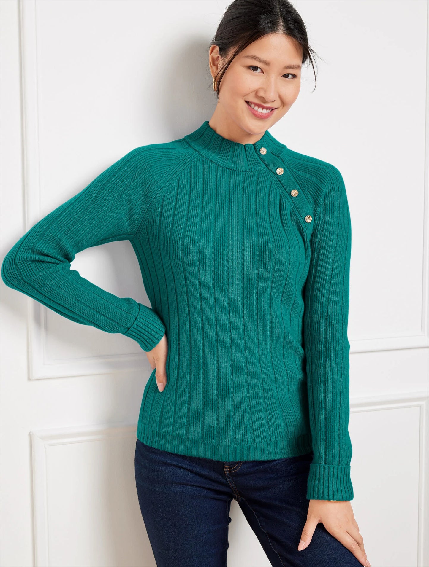 Ribbed Button Mockneck Sweater