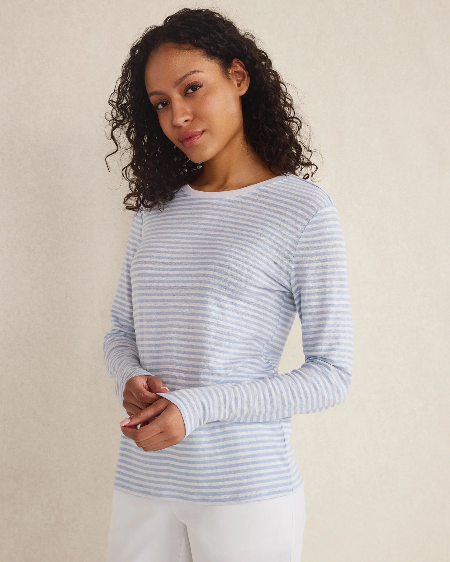 Linen Stripe Long Sleeve Crewneck Tee